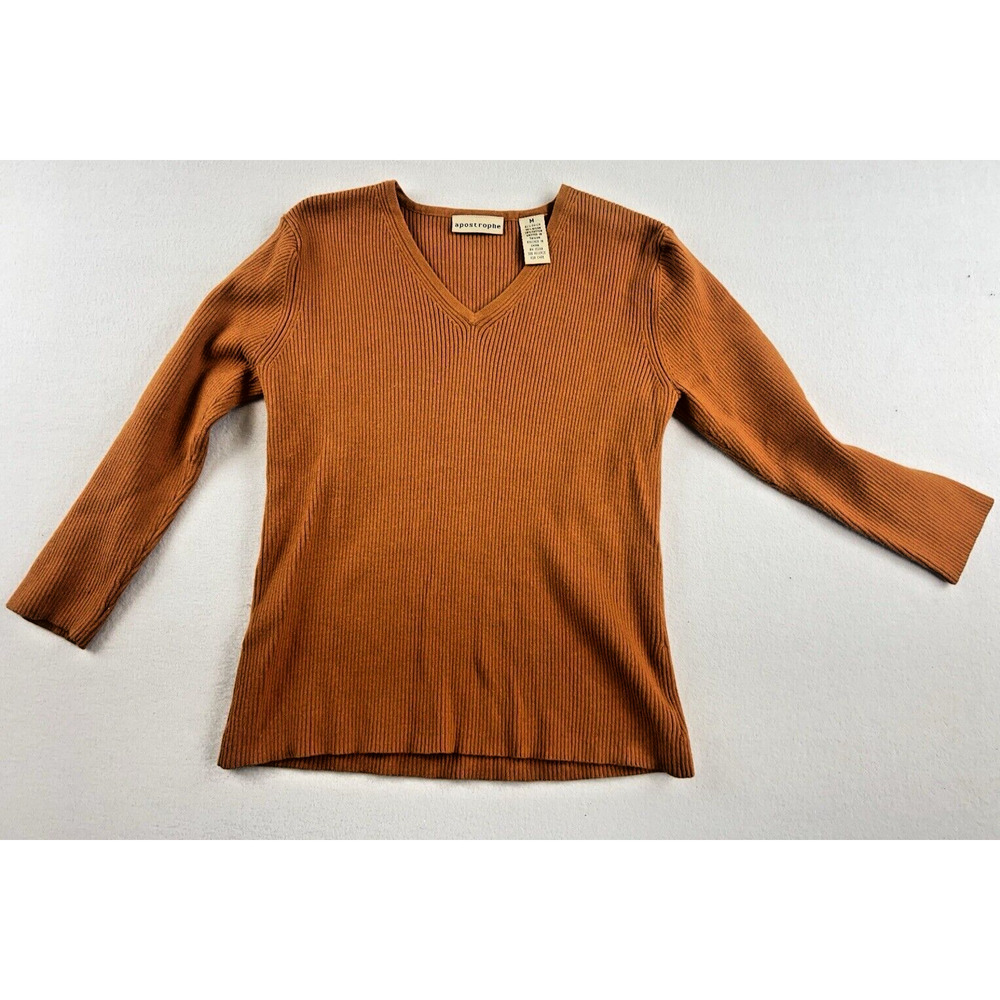 Apostrophe 1990s Ribbed Orange V-Neck Sweater Size M Vintage Y2K Minimalist